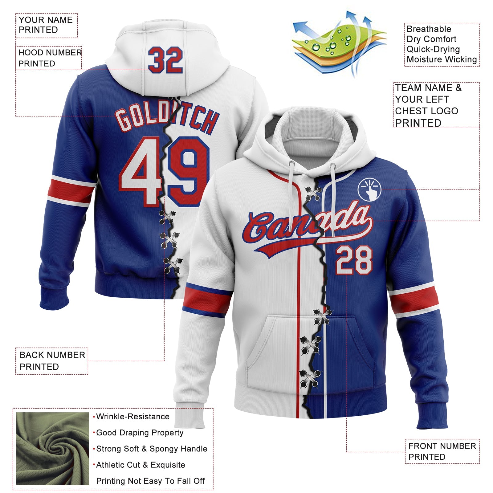 Custom Royal White-Red Split Ripped Pattern Baseball Pullover Sweatshirt Hoodie view 2