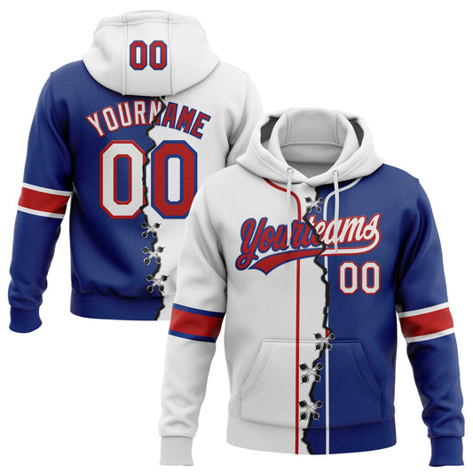 Custom Royal White-Red Split Ripped Pattern Baseball Pullover Sweatshirt Hoodie - Main View