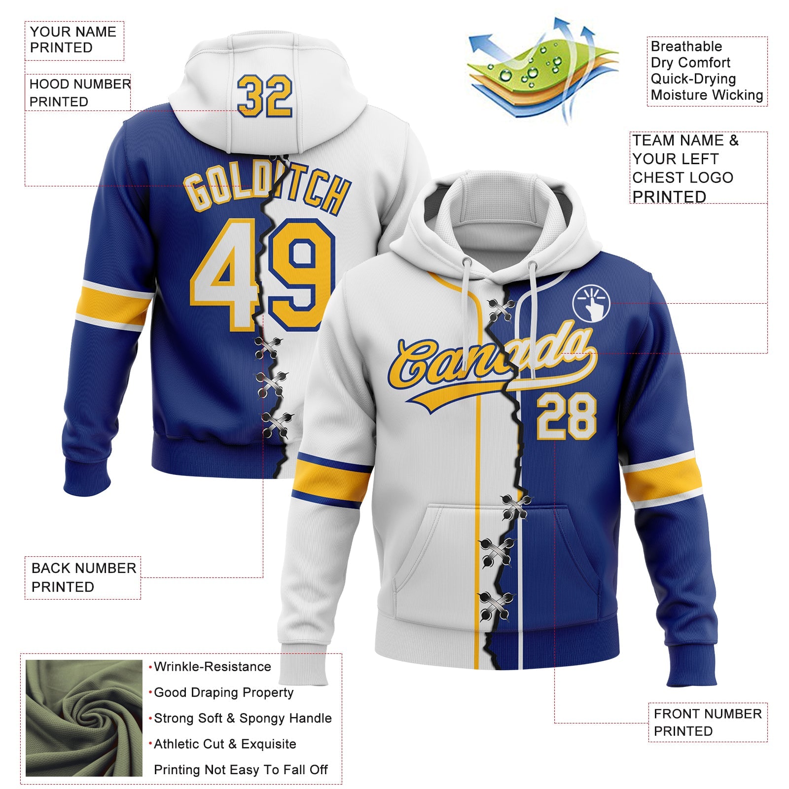 Custom Royal White-Gold Split Ripped Pattern Baseball Pullover Sweatshirt Hoodie view 2