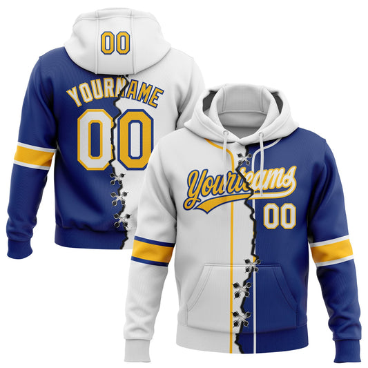 Custom Royal White-Gold Split Ripped Pattern Baseball Pullover Sweatshirt Hoodie - Main View