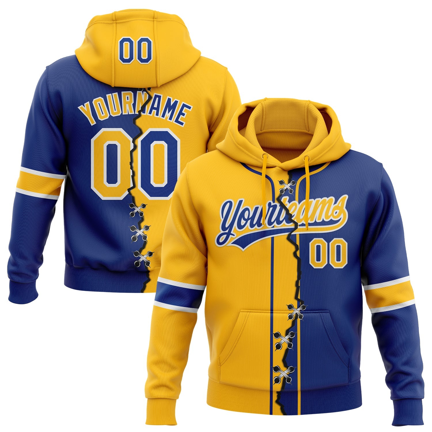 Custom Royal Gold-White Split Ripped Pattern Baseball Pullover Sweatshirt Hoodie - Main View