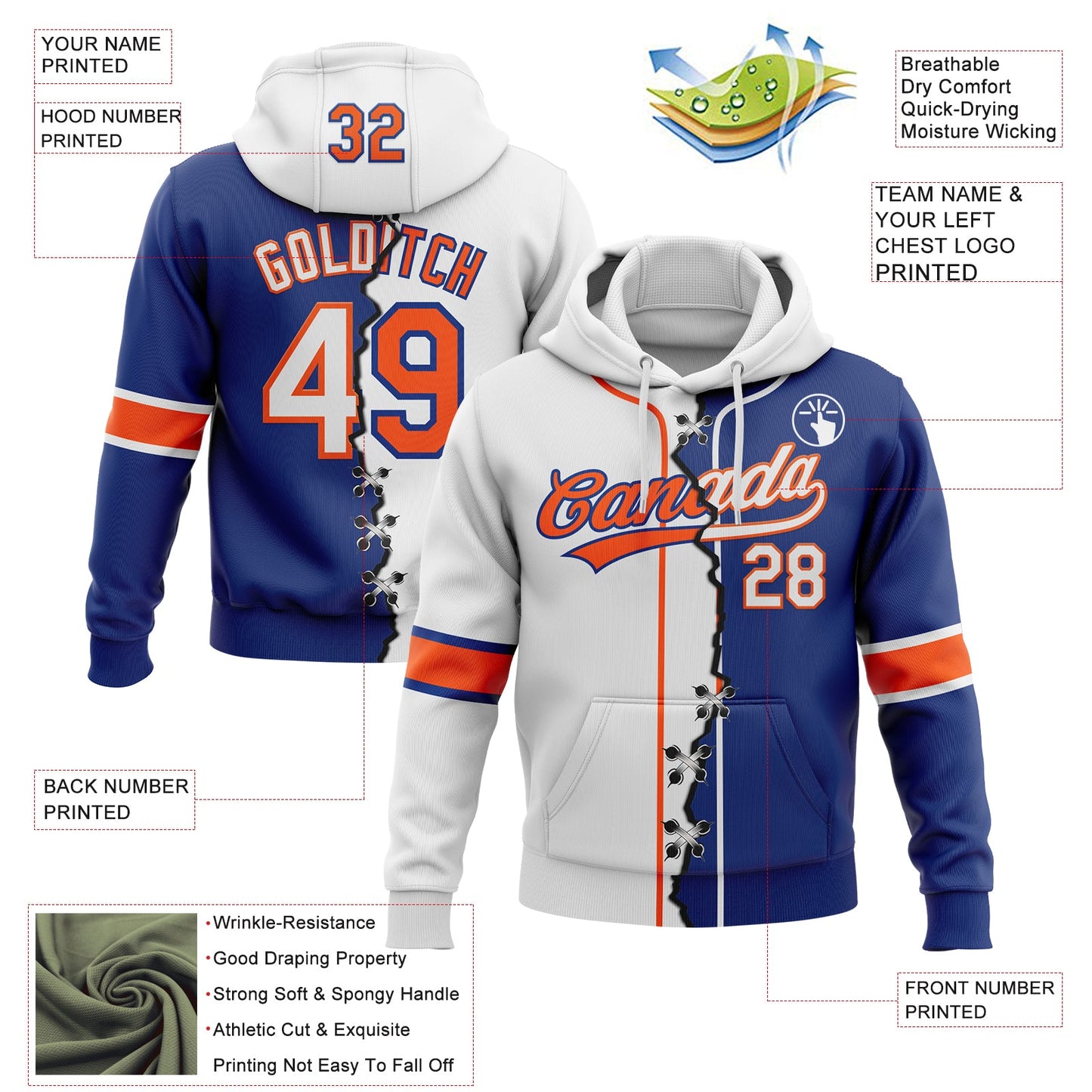 Custom Royal White-Orange Split Ripped Pattern Baseball Pullover Sweatshirt Hoodie view 2