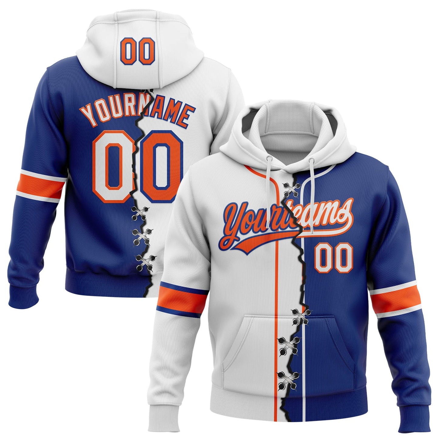 Custom Royal White-Orange Split Ripped Pattern Baseball Pullover Sweatshirt Hoodie - Main View