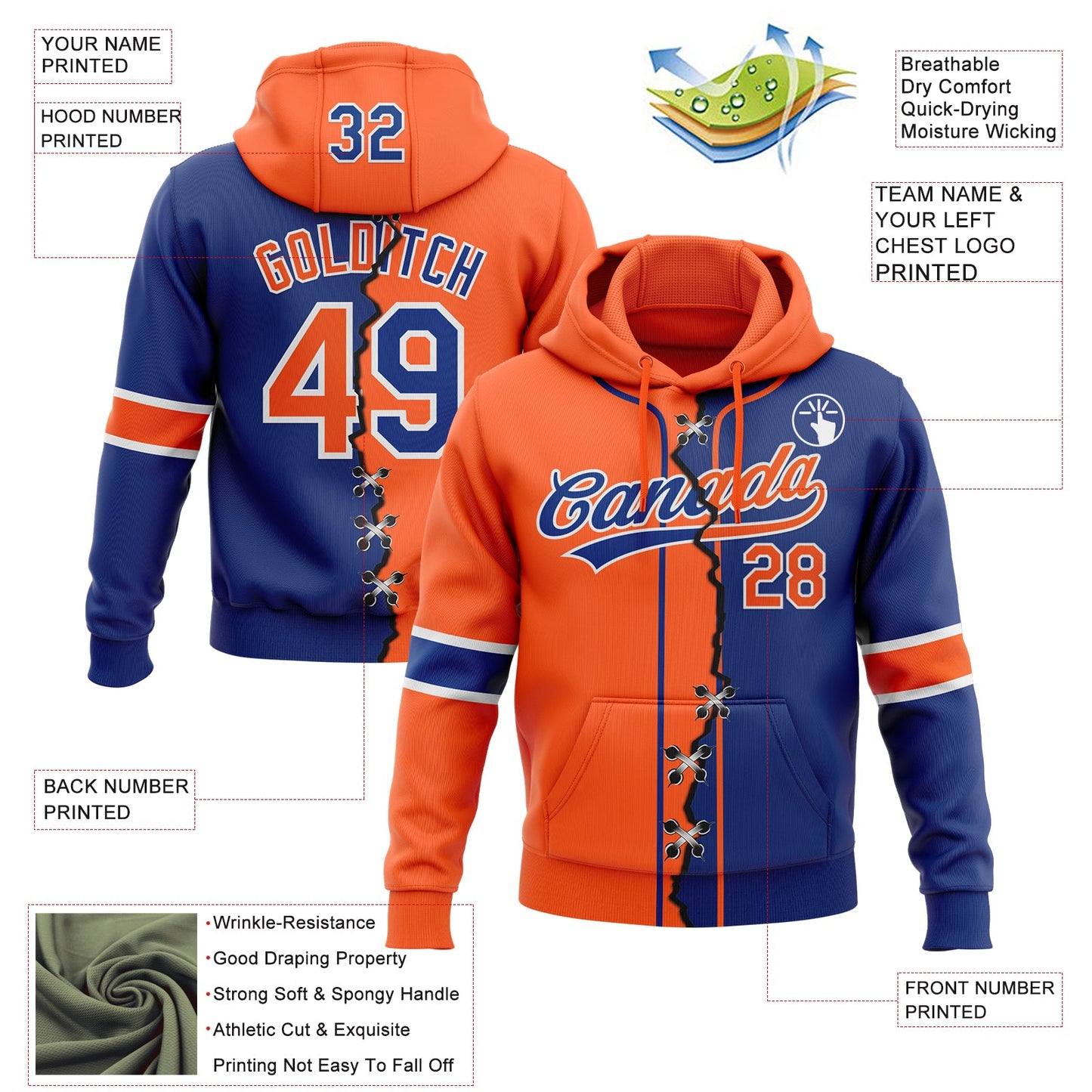 Custom Royal Orange-White Split Ripped Pattern Baseball Pullover Sweatshirt Hoodie view 2