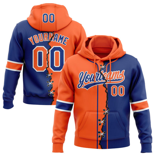 Custom Royal Orange-White Split Ripped Pattern Baseball Pullover Sweatshirt Hoodie - Main View