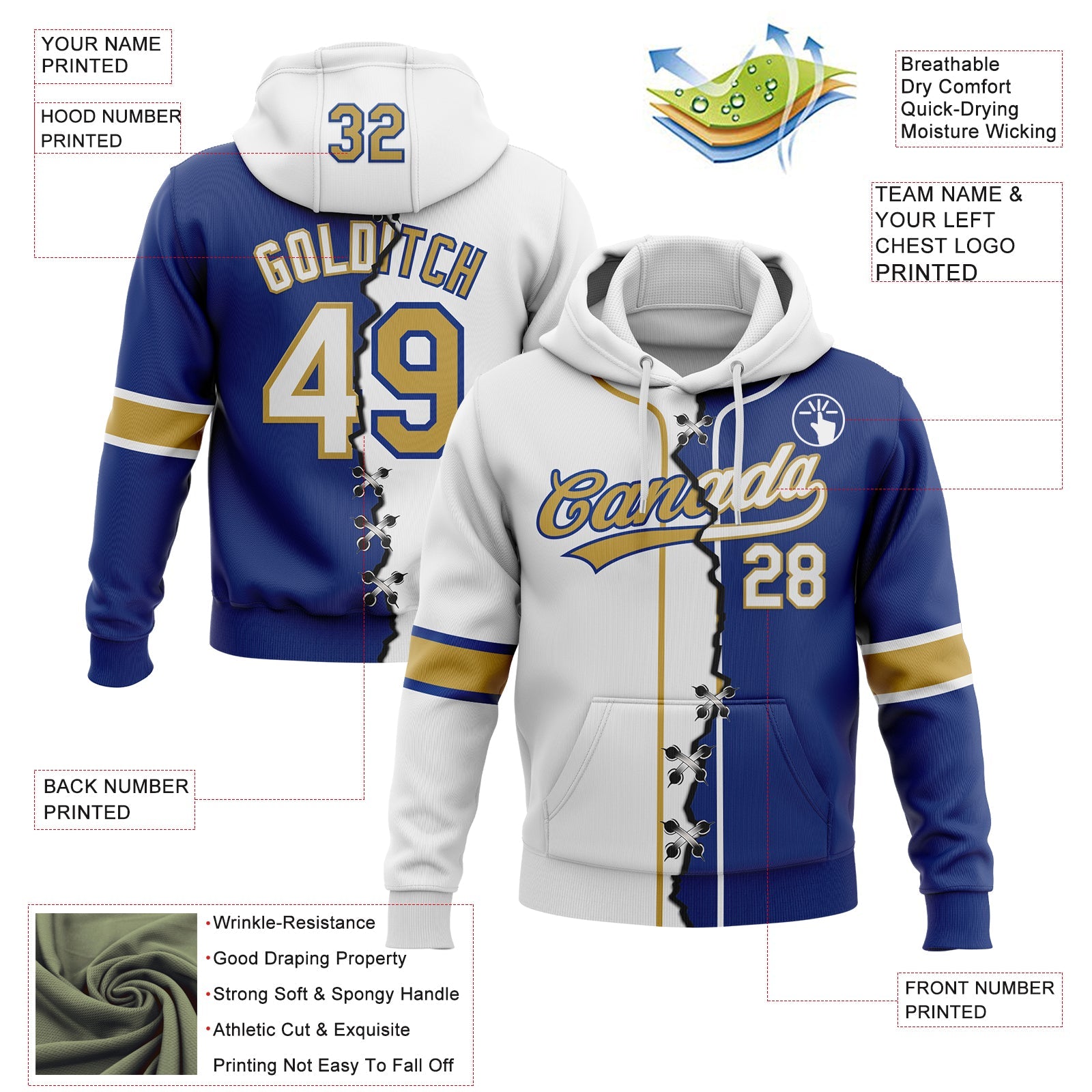 Custom Royal White-Old Gold Split Ripped Pattern Baseball Pullover Sweatshirt Hoodie view 2