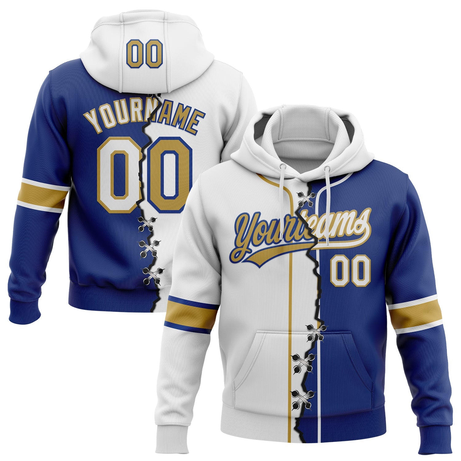 Custom Royal White-Old Gold Split Ripped Pattern Baseball Pullover Sweatshirt Hoodie - Main View