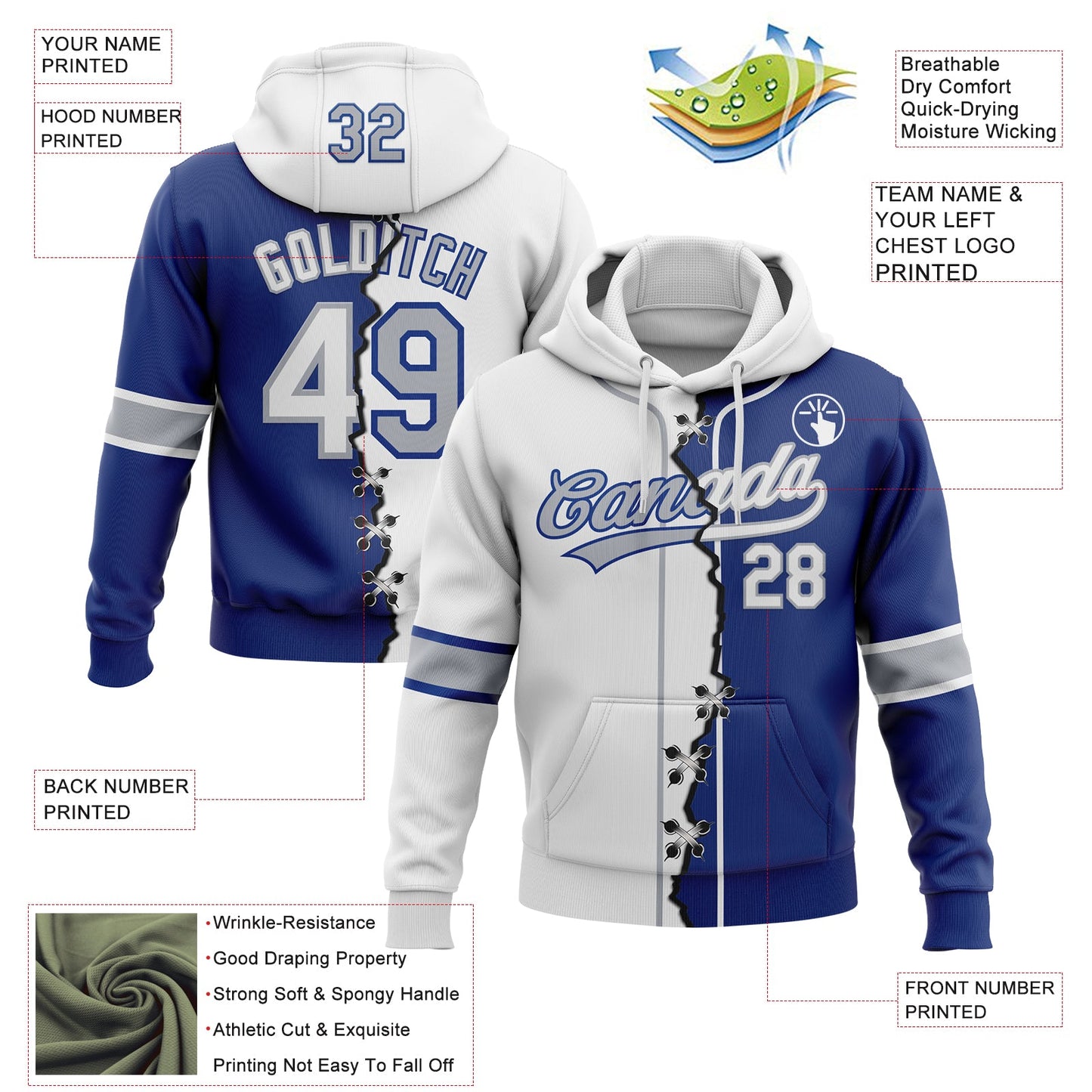 Custom Royal White-Gray Split Ripped Pattern Baseball Pullover Sweatshirt Hoodie view 2