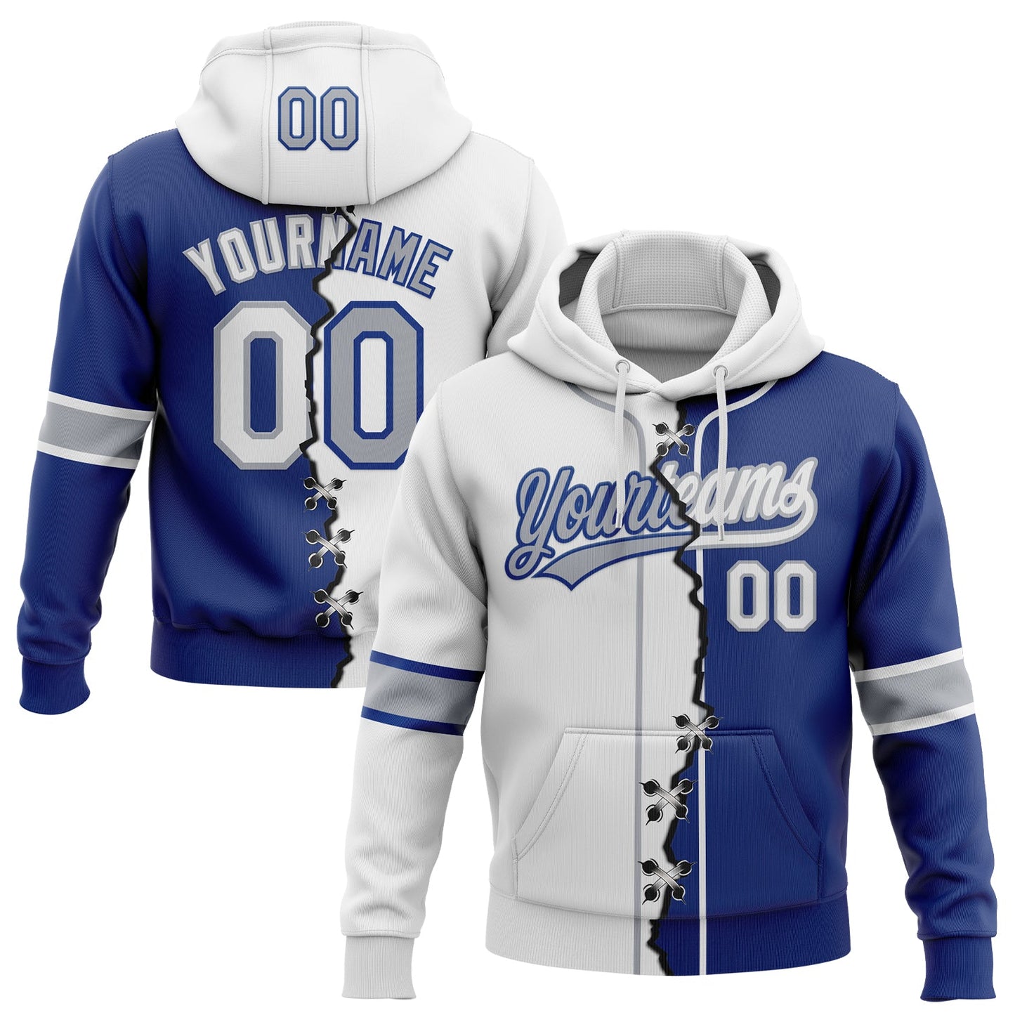 Custom Royal White-Gray Split Ripped Pattern Baseball Pullover Sweatshirt Hoodie - Main View