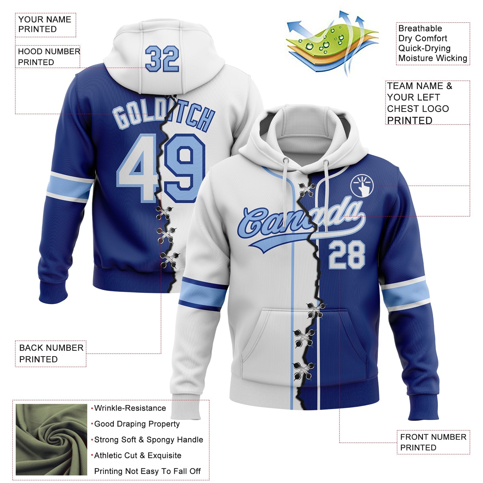 Custom Royal White-Light Blue Split Ripped Pattern Baseball Pullover Sweatshirt Hoodie view 2