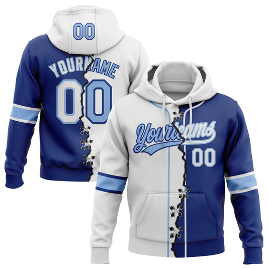 Custom Royal White-Light Blue Split Ripped Pattern Baseball Pullover Sweatshirt Hoodie - Main View