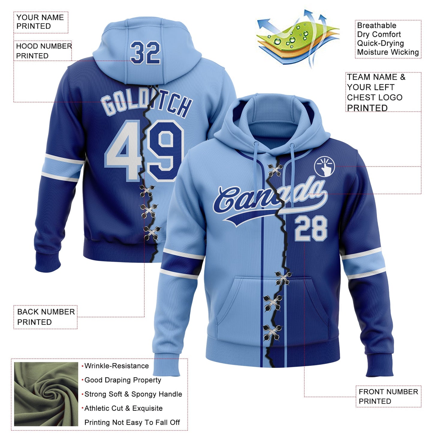 Custom Royal White-Light Blue Split Ripped Pattern Baseball Pullover Sweatshirt Hoodie view 2