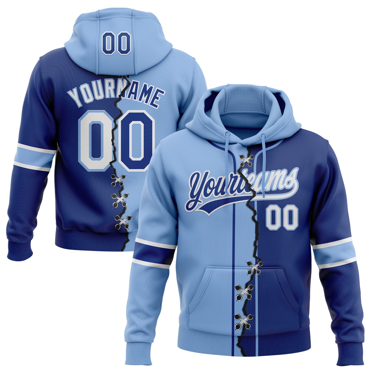 Custom Royal White-Light Blue Split Ripped Pattern Baseball Pullover Sweatshirt Hoodie - Main View