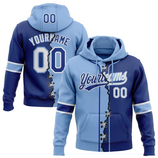 Custom Royal White-Light Blue Split Ripped Pattern Baseball Pullover Sweatshirt Hoodie - Main View