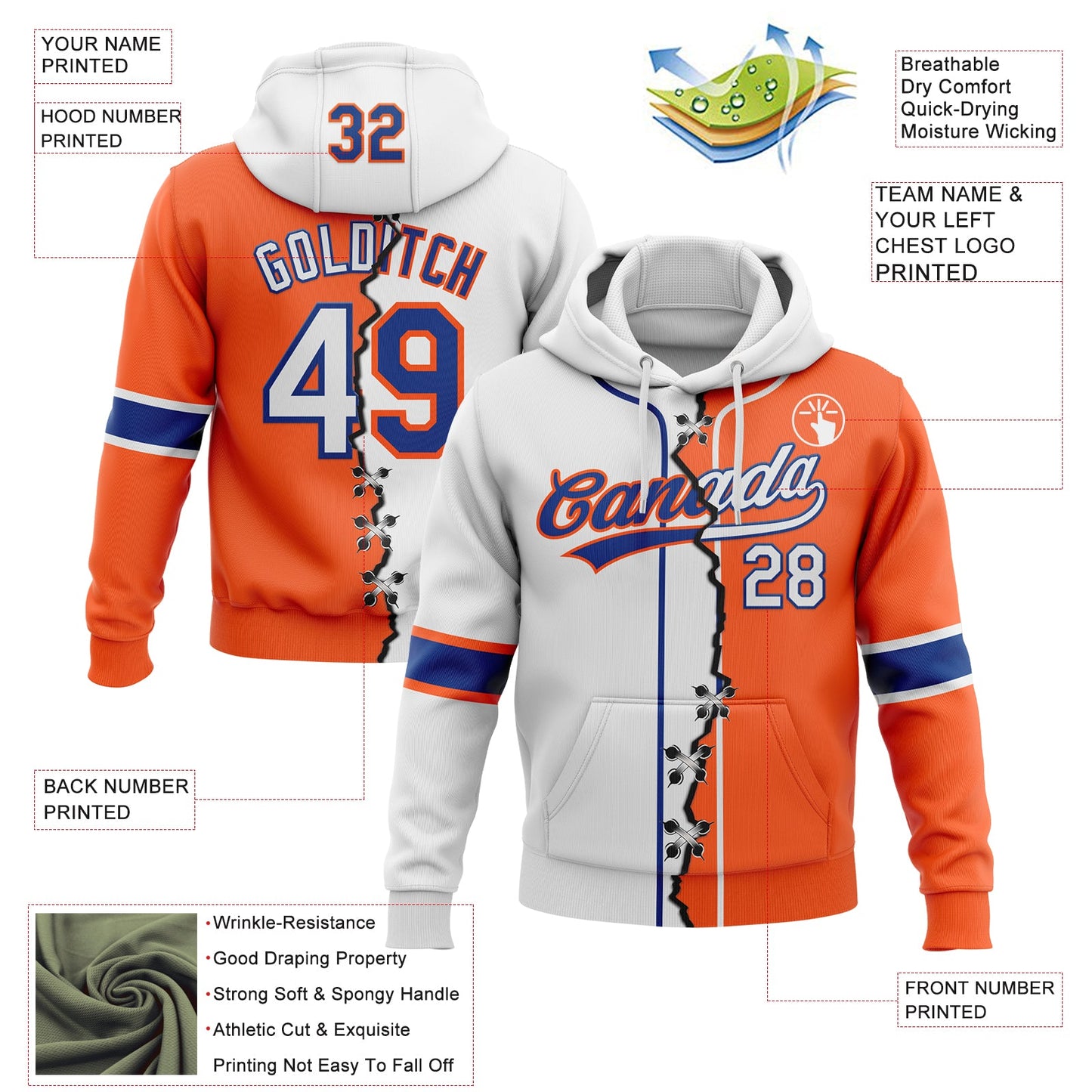Custom Orange White-Royal Split Ripped Pattern Baseball Pullover Sweatshirt Hoodie view 2