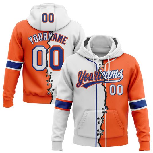 Custom Orange White-Royal Split Ripped Pattern Baseball Pullover Sweatshirt Hoodie - Main View