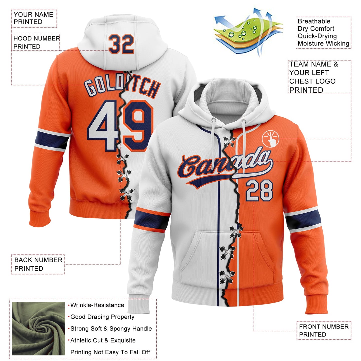 Custom Orange White-Navy Split Ripped Pattern Baseball Pullover Sweatshirt Hoodie view 2