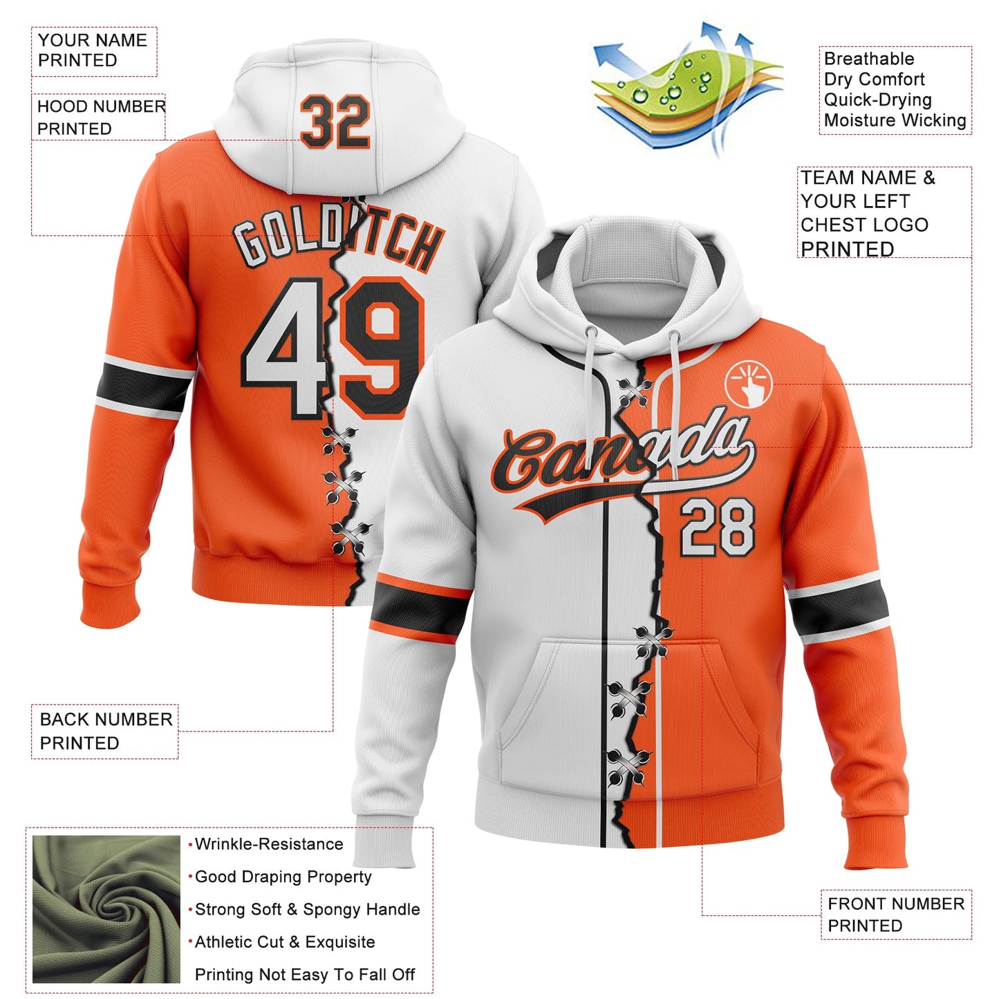 Custom Orange White-Black Split Ripped Pattern Baseball Pullover Sweatshirt Hoodie view 2