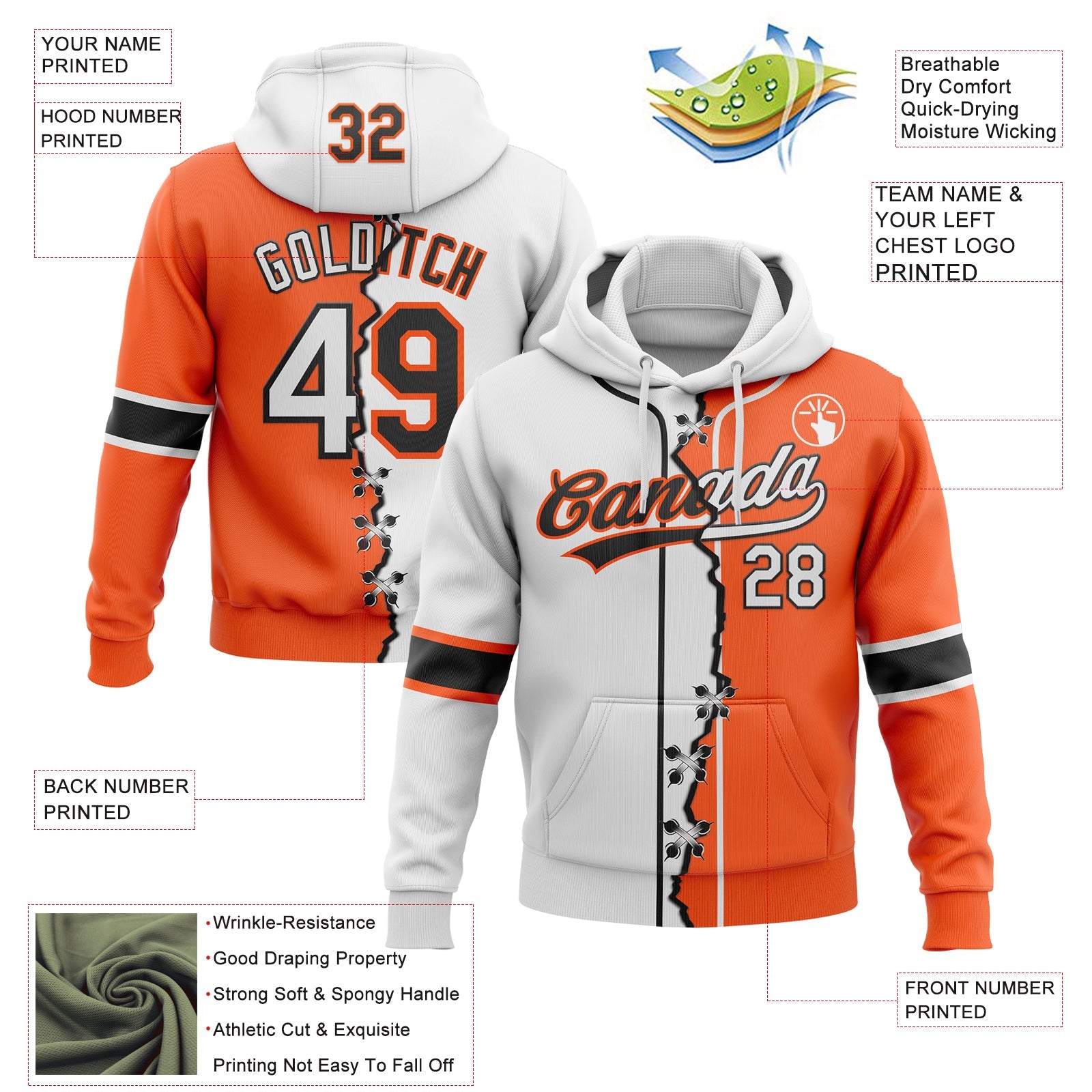 Custom Orange White-Black Split Ripped Pattern Baseball Pullover Sweatshirt Hoodie view 2