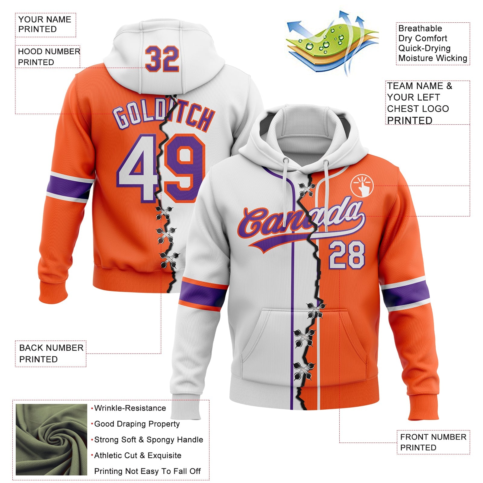 Custom Orange White-Purple Split Ripped Pattern Baseball Pullover Sweatshirt Hoodie view 2