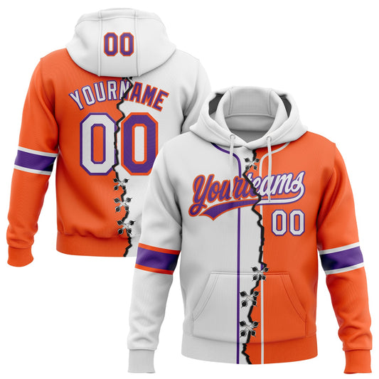 Custom Orange White-Purple Split Ripped Pattern Baseball Pullover Sweatshirt Hoodie - Main View