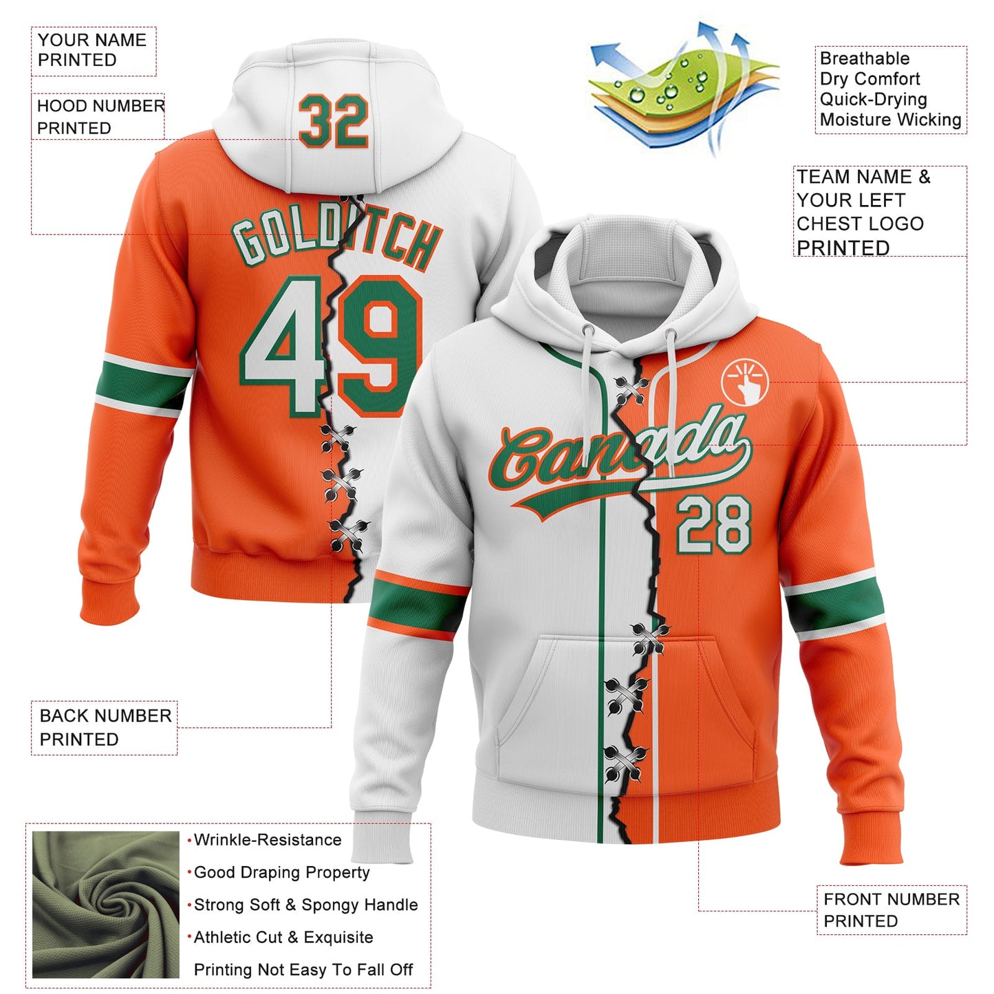 Custom Orange White-Kelly Green Split Ripped Pattern Baseball Pullover Sweatshirt Hoodie view 2