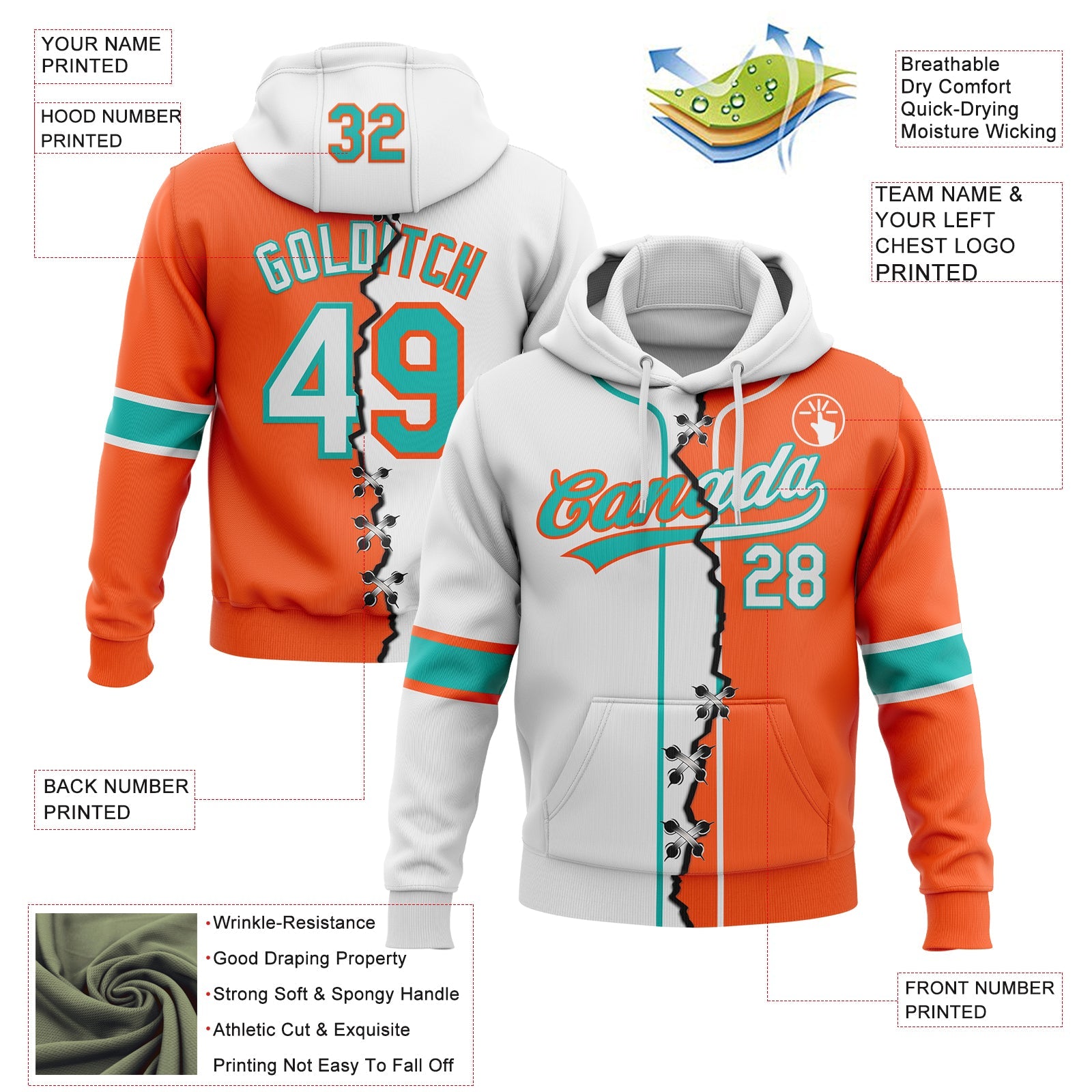 Custom Orange White-Aqua Split Ripped Pattern Baseball Pullover Sweatshirt Hoodie view 2