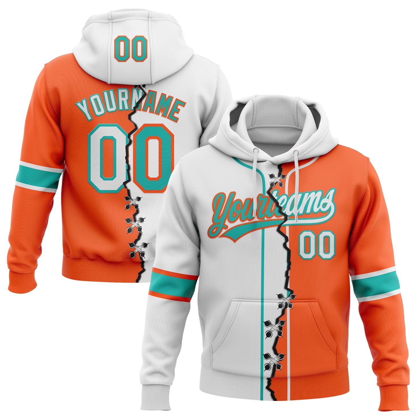 Custom Orange White-Aqua Split Ripped Pattern Baseball Pullover Sweatshirt Hoodie - Main View