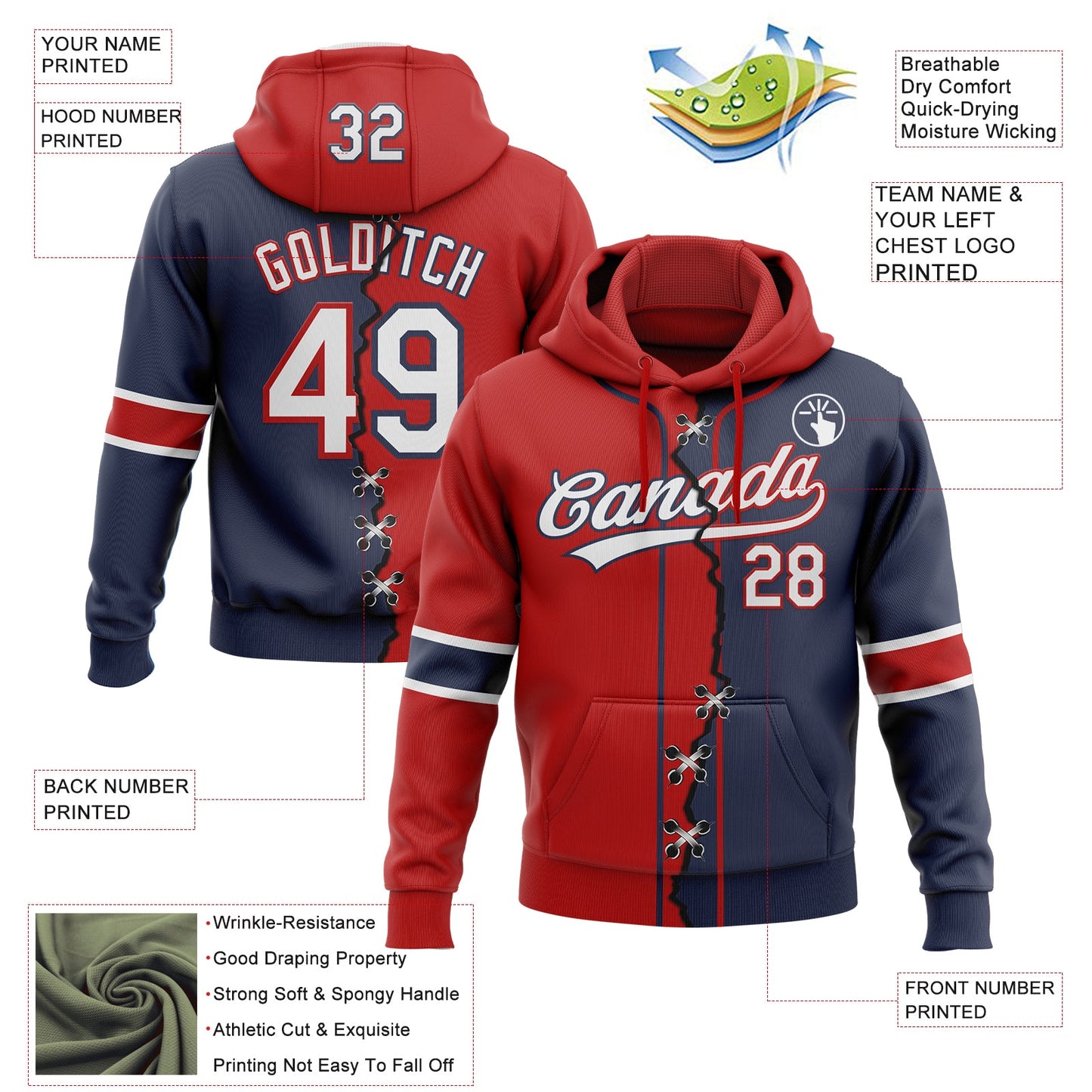 Custom Navy White-Red Split Ripped Pattern Baseball Pullover Sweatshirt Hoodie view 2