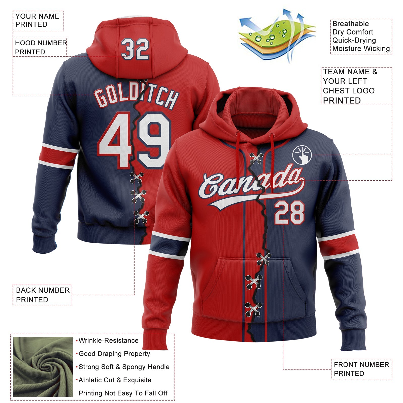 Custom Navy White-Red Split Ripped Pattern Baseball Pullover Sweatshirt Hoodie view 2