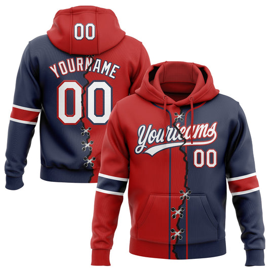 Custom Navy White-Red Split Ripped Pattern Baseball Pullover Sweatshirt Hoodie - Main View