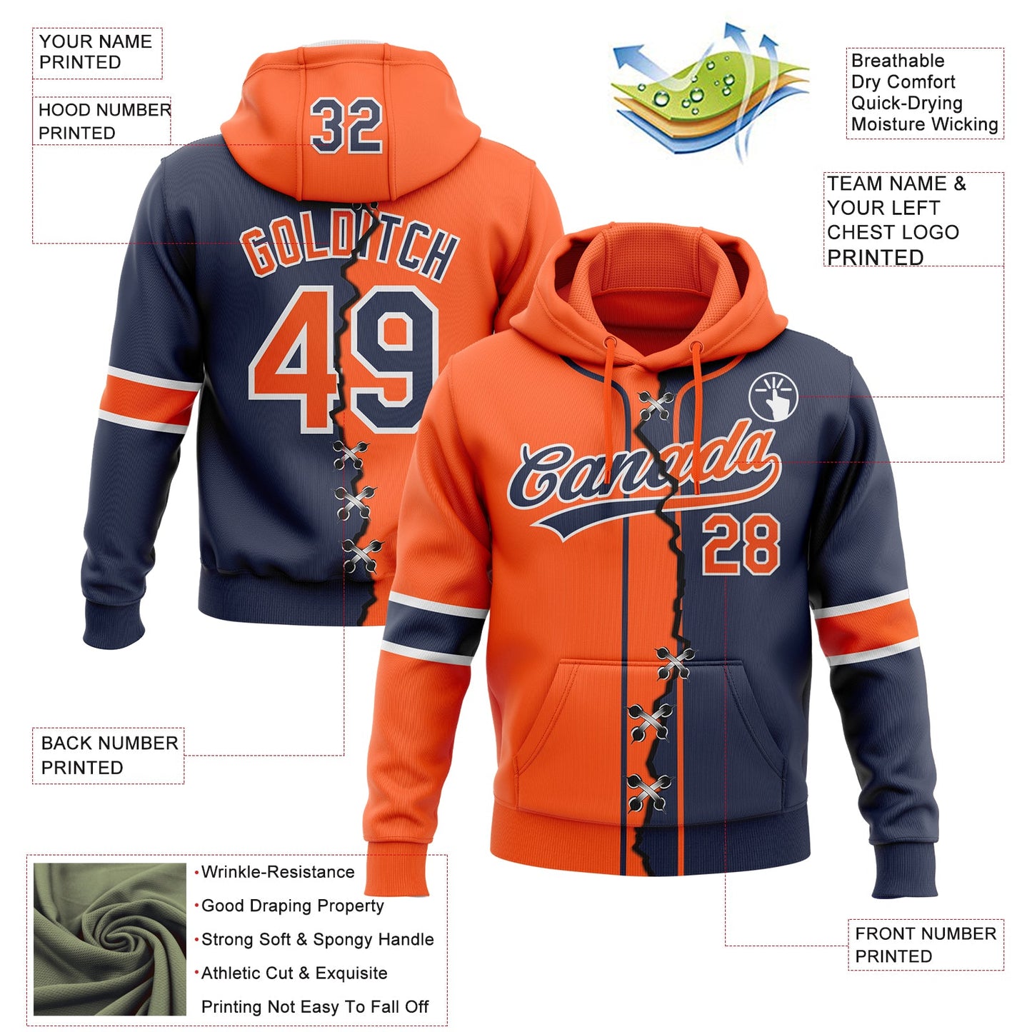 Custom Navy Orange-White Split Ripped Pattern Baseball Pullover Sweatshirt Hoodie view 2
