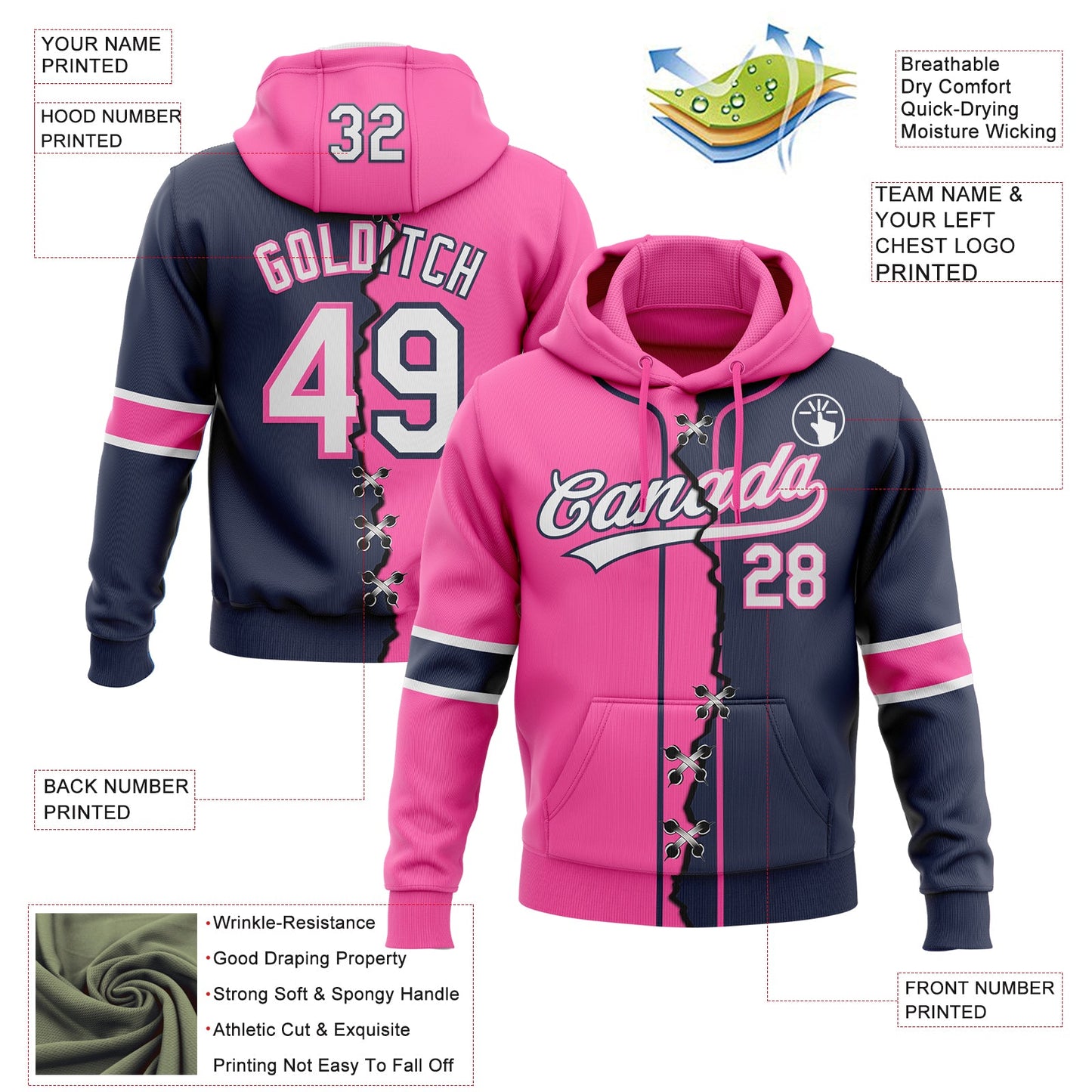 Custom Navy White-Pink Split Ripped Pattern Baseball Pullover Sweatshirt Hoodie view 2