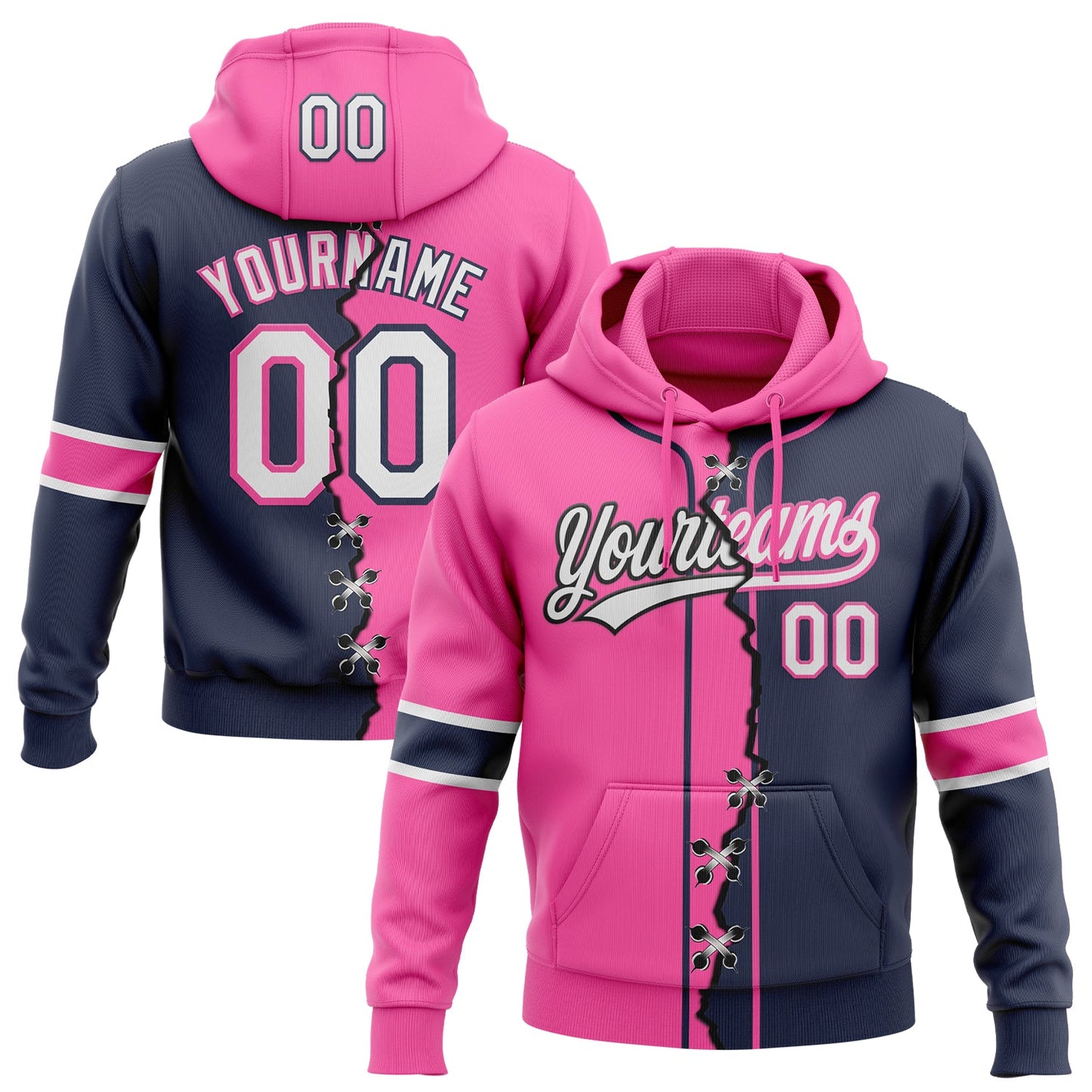 Custom Navy White-Pink Split Ripped Pattern Baseball Pullover Sweatshirt Hoodie - Main View