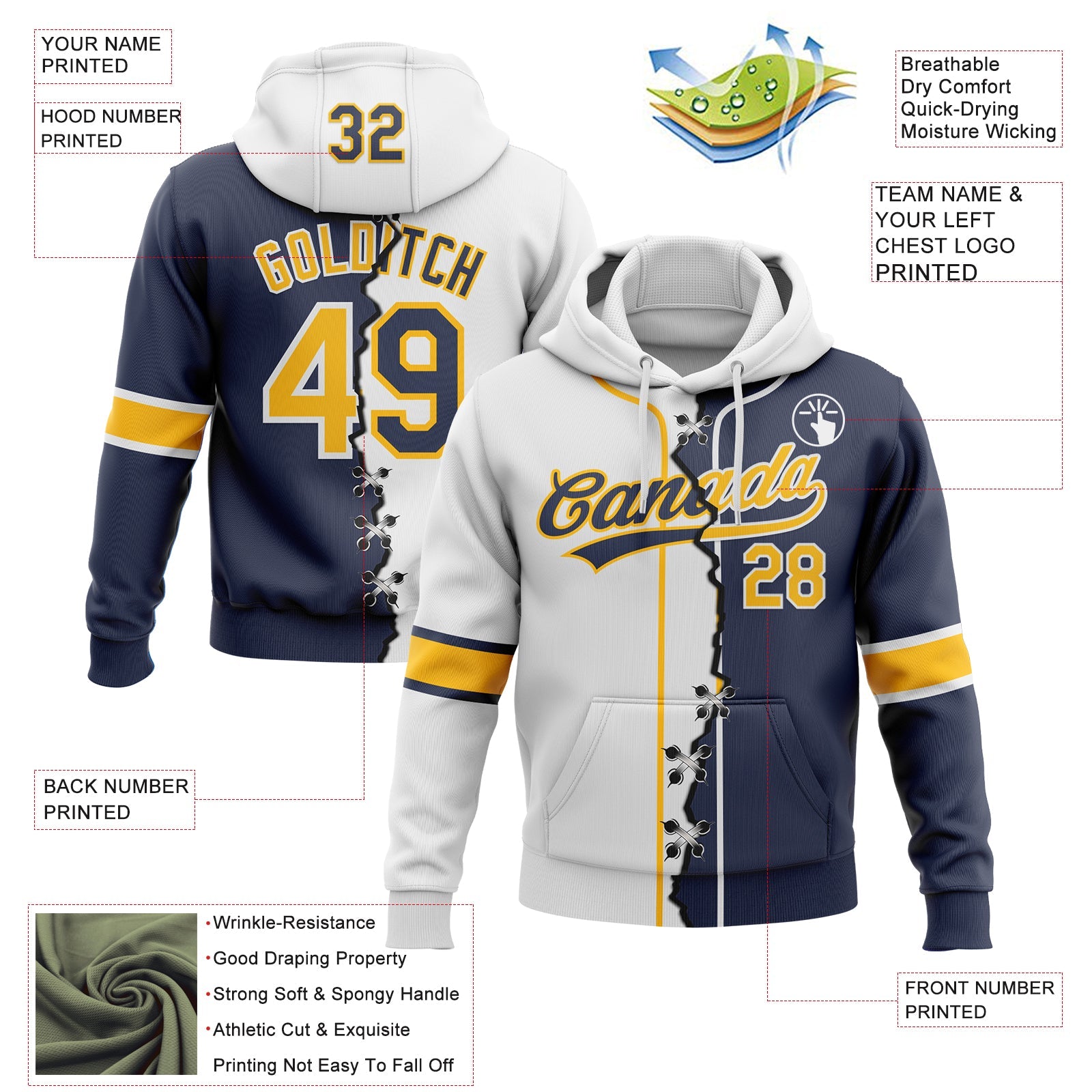 Custom Navy Gold-White Split Ripped Pattern Baseball Pullover Sweatshirt Hoodie view 2