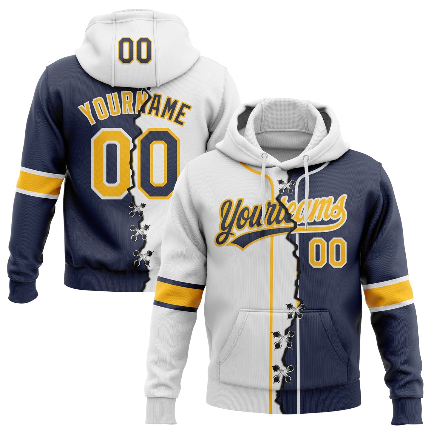 Custom Navy Gold-White Split Ripped Pattern Baseball Pullover Sweatshirt Hoodie - Main View