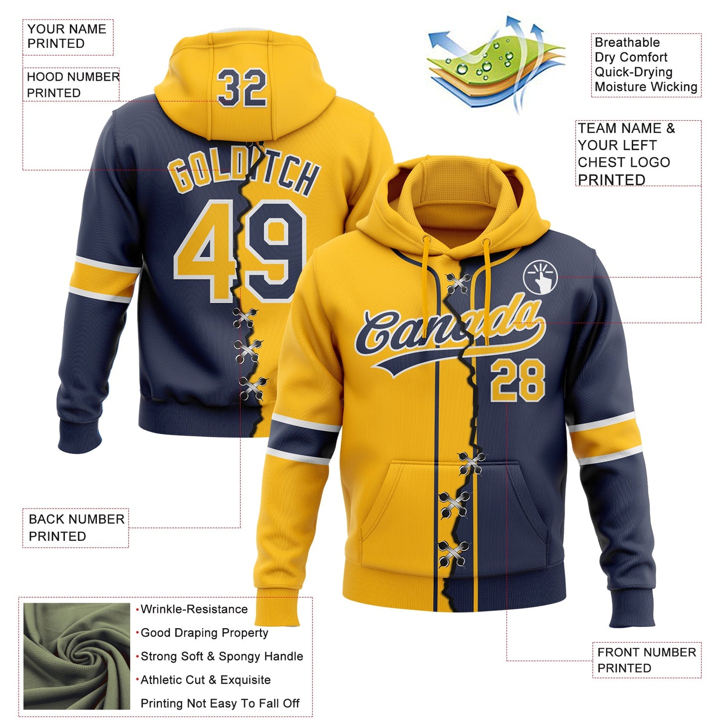 Custom Navy Gold-White Split Ripped Pattern Baseball Pullover Sweatshirt Hoodie view 2