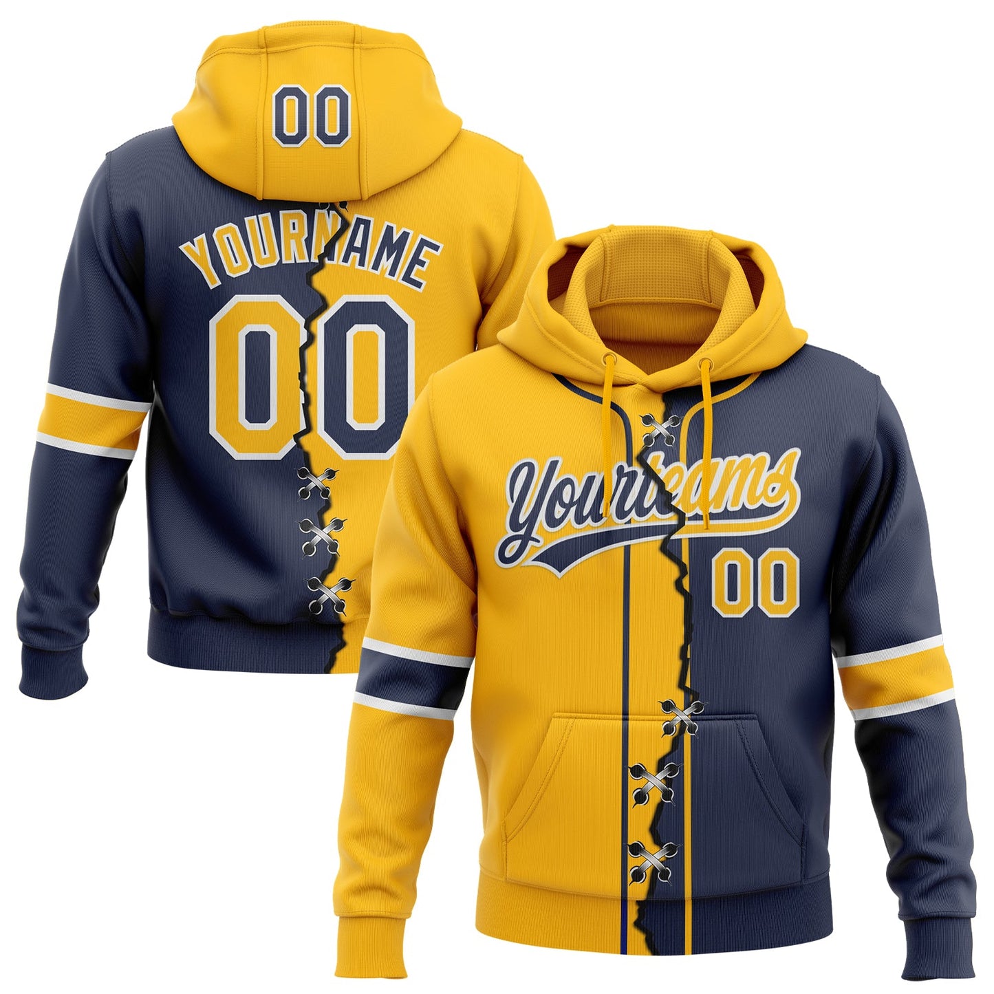 Custom Navy Gold-White Split Ripped Pattern Baseball Pullover Sweatshirt Hoodie - Main View