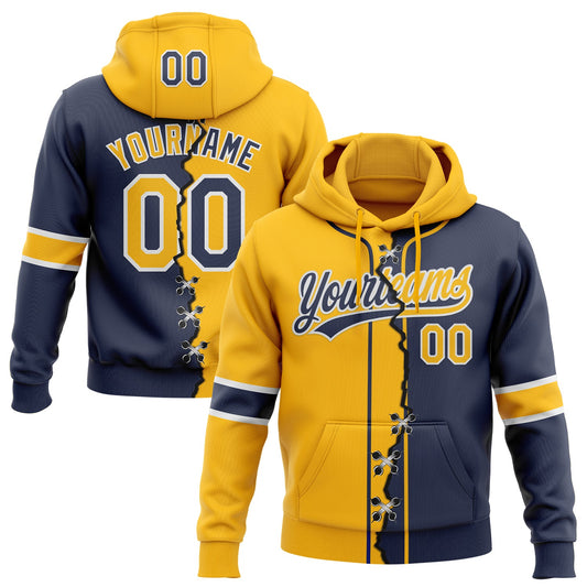 Custom Navy Gold-White Split Ripped Pattern Baseball Pullover Sweatshirt Hoodie - Main View