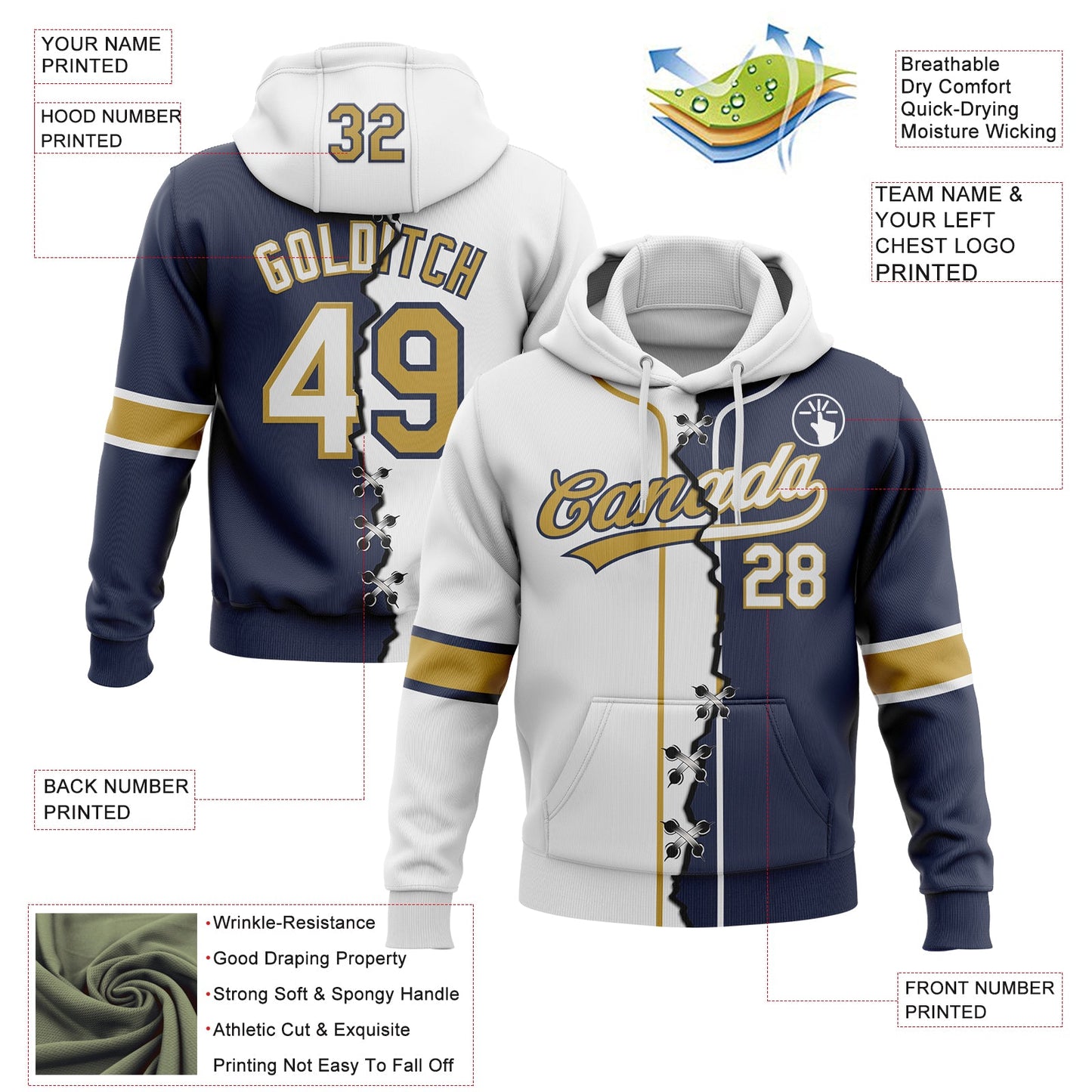 Custom Navy White-Old Gold Split Ripped Pattern Baseball Pullover Sweatshirt Hoodie view 2