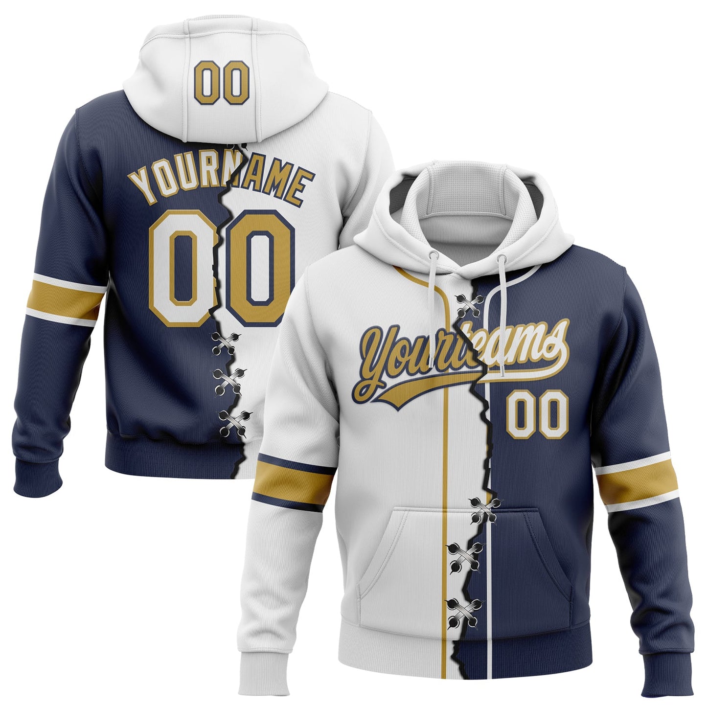Custom Navy White-Old Gold Split Ripped Pattern Baseball Pullover Sweatshirt Hoodie - Main View