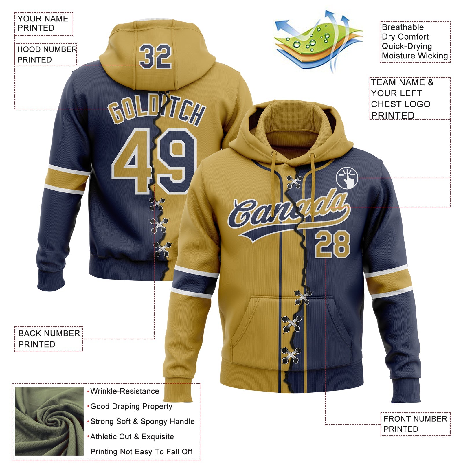 Custom Navy Old Gold-White Split Ripped Pattern Baseball Pullover Sweatshirt Hoodie view 2