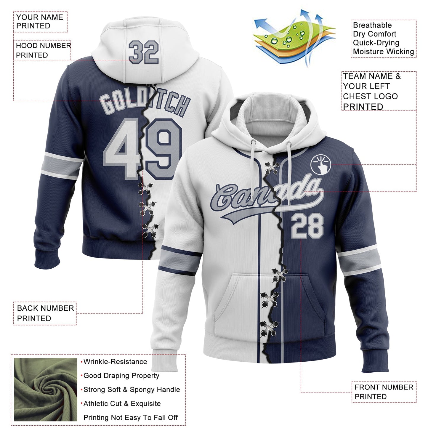 Custom Navy White-Gray Split Ripped Pattern Baseball Pullover Sweatshirt Hoodie view 2