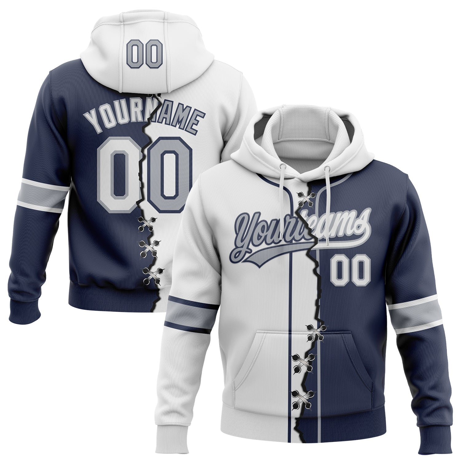 Custom Navy White-Gray Split Ripped Pattern Baseball Pullover Sweatshirt Hoodie - Main View