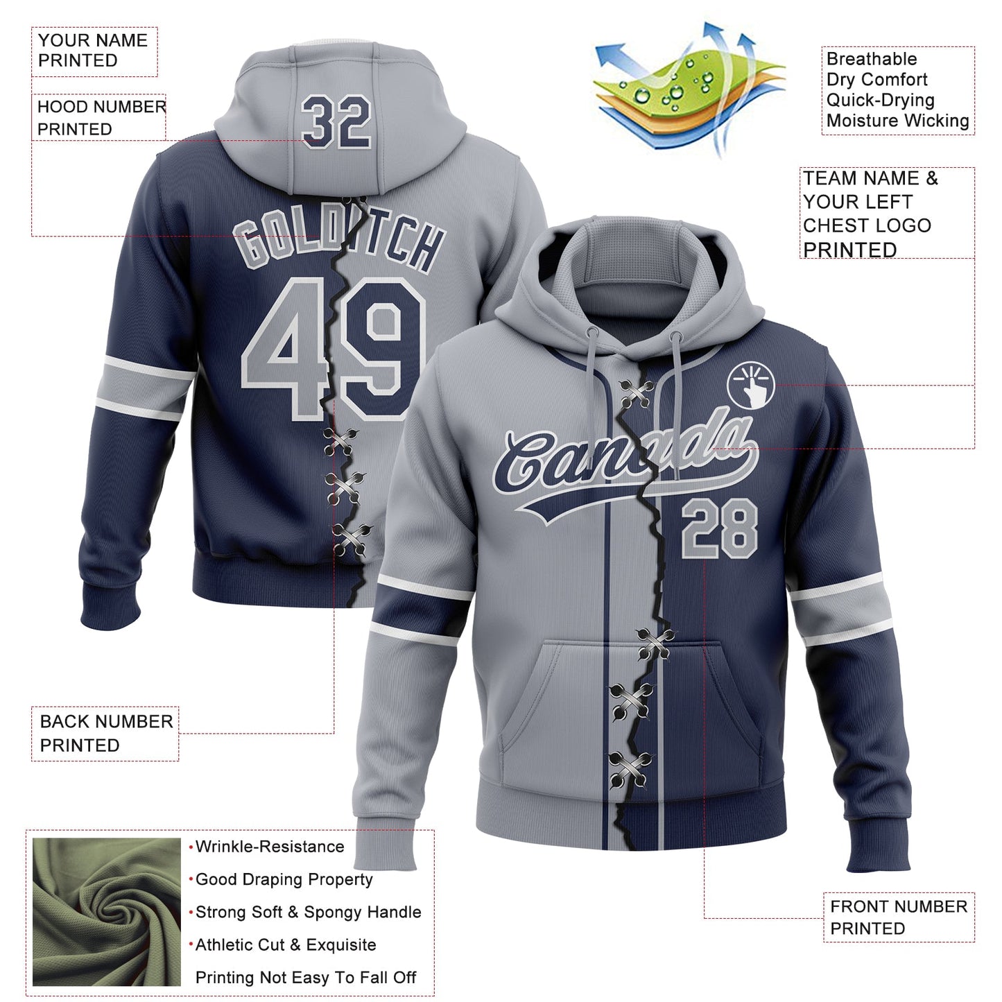 Custom Navy Gray-White Split Ripped Pattern Baseball Pullover Sweatshirt Hoodie view 2