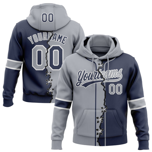 Custom Navy Gray-White Split Ripped Pattern Baseball Pullover Sweatshirt Hoodie - Main View