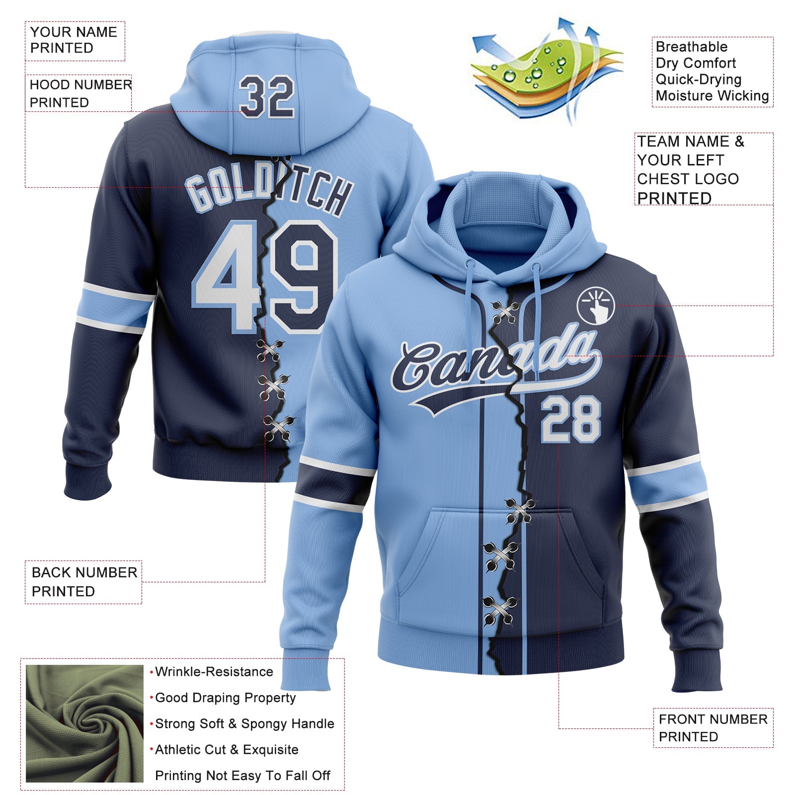 Custom Navy White-Light Blue Split Ripped Pattern Baseball Pullover Sweatshirt Hoodie view 2
