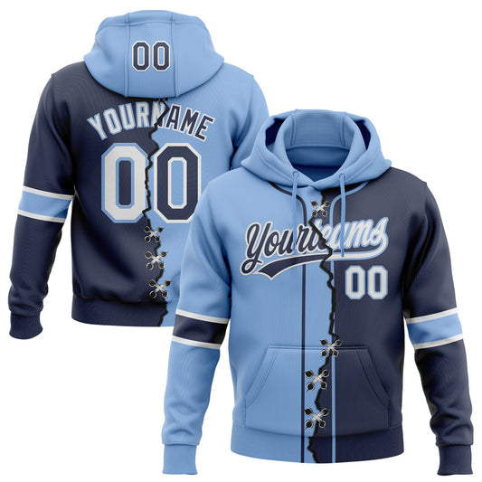 Custom Navy White-Light Blue Split Ripped Pattern Baseball Pullover Sweatshirt Hoodie - Main View