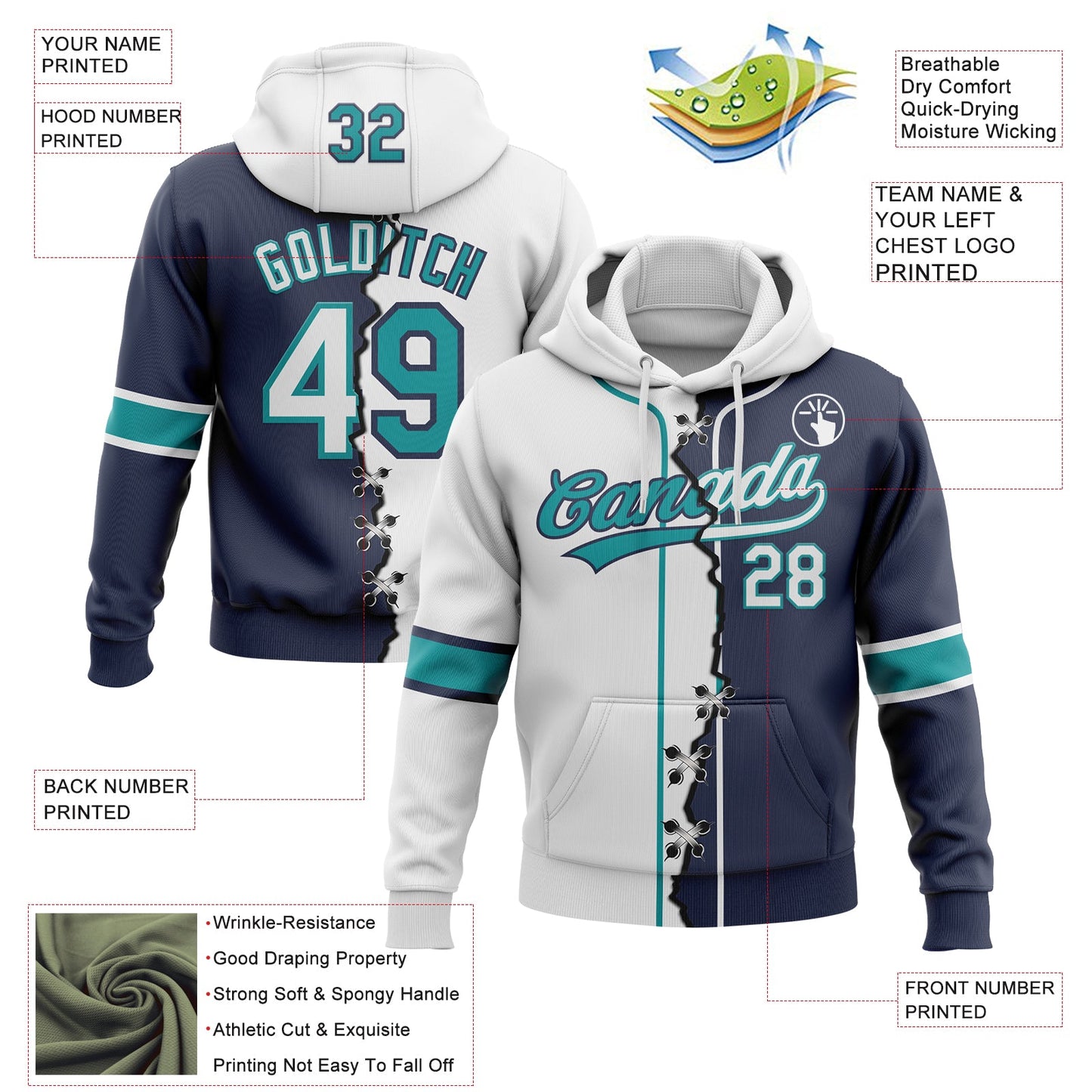 Custom Navy White-Teal Split Ripped Pattern Baseball Pullover Sweatshirt Hoodie view 2