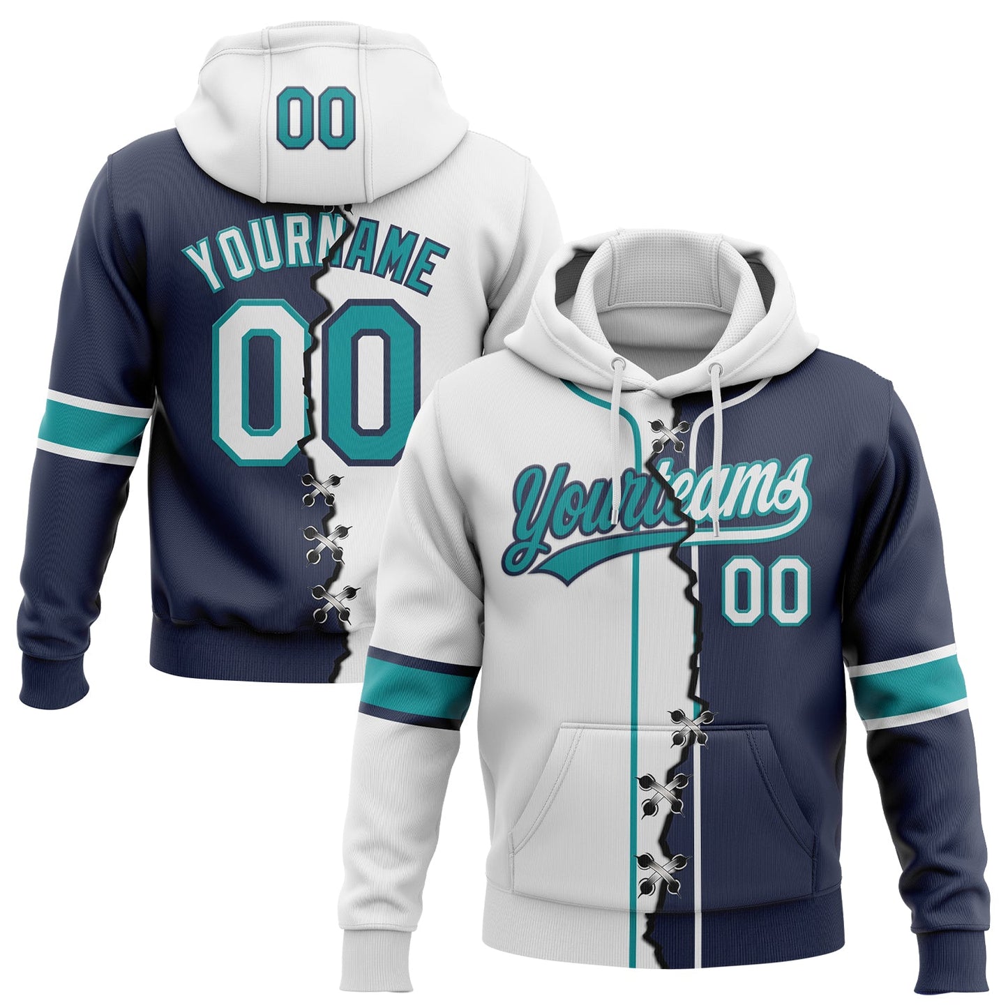 Custom Navy White-Teal Split Ripped Pattern Baseball Pullover Sweatshirt Hoodie - Main View